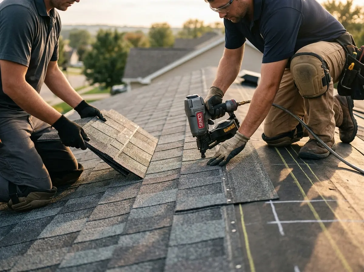 Professional roofer working on a residential roof in Perkasie